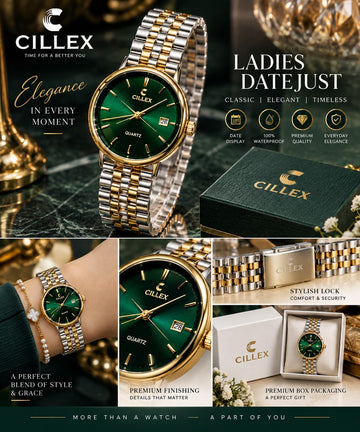 Emerald Green & Gold Datejust Watch – Two-Tone Quartz Steel Timepiece