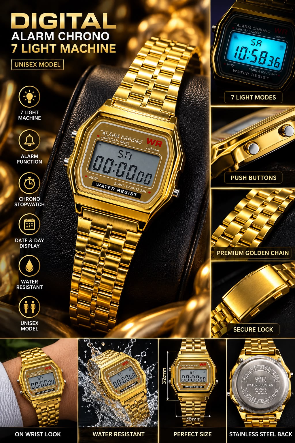 Classic Gold Digital Steel Watch – Unisex Retro Chronograph Watch