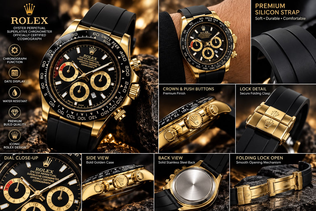 Luxury Rolex Oyster Perpetual Cosmograph Daytona – Gold Case with Black Dial & Premium Silicon Strap